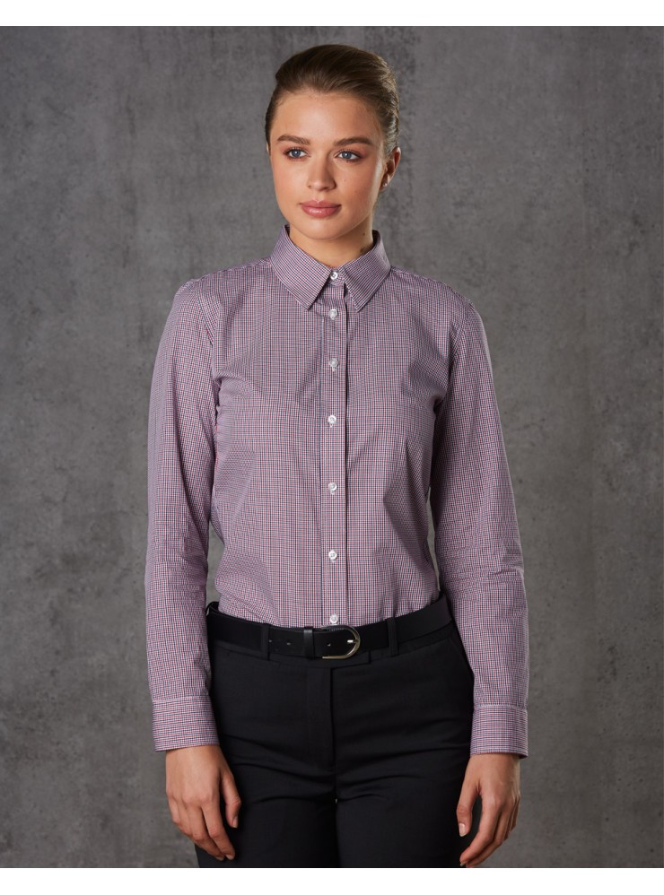 M8340L Ladies' Two Tone Mini Gingham Long Sleeve Shirt